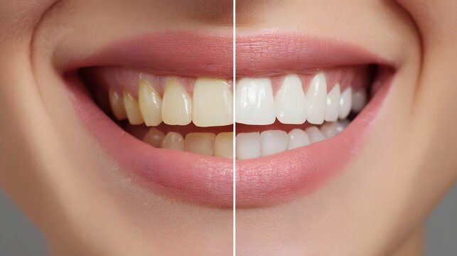 A split image comparison of a person's smile before and after teeth whitening treatment