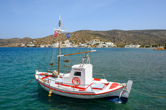 Katapola, Amorgos - May 20, 2024: Fishing boat in port of Katapola on Amorgos island. Cyclades, Greece