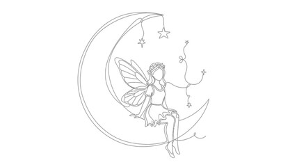 Obraz premium Fairy Sitting on Crescent Moon with Stars, Continuous Line Art