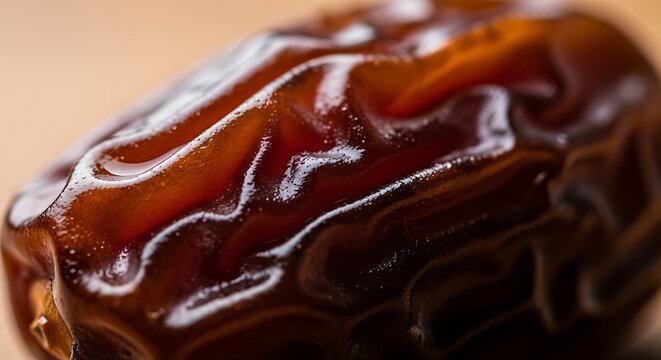 A close-up view of a shiny dark brown date on a wooden surface