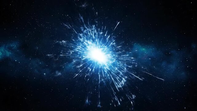 Dynamic radiant spark flutter on black concept. Bright cosmic explosion in deep space with glowing blue light and starry galaxy background