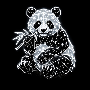 Geometric panda bear, white low poly art, bamboo illustration, black background