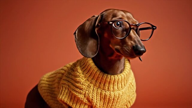 A dachshund wearing glasses and a yellow sweater poses on orange