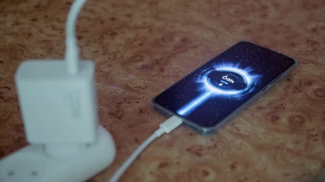 On a table, the modern smartphone starts fast charging and the monitor displays the percentage of the charge level and the power of the charger at 120 watts. Closeup. Shallow depth of field. Follow fo