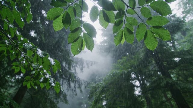 Rain falling through green beech tree leaves and evergreen branches in a misty temperate forest during a summer storm.