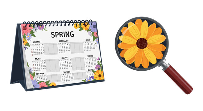 Spring floral desk calendar with magnifying glass, seasonal schedule planner with flower motif, annual calendar vector for time management