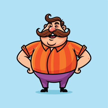 Overweight man with mustache and orange shirt standing confidently