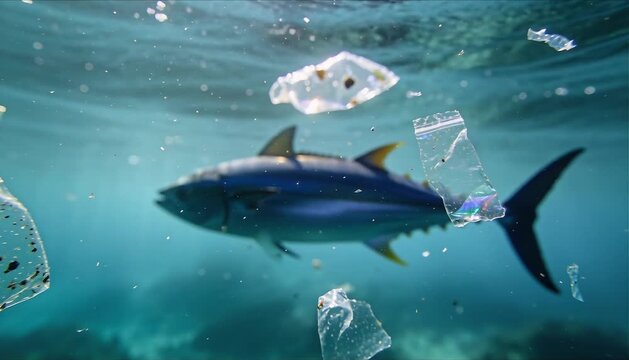 underwater macro shot of shimmering suspended microplastics with distant tuna silhouette and depth of field blur perfect for world tuna day