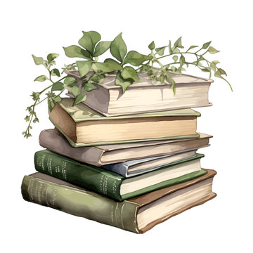 Watercolor Stack of Vintage Books with Lush Green Ivy Leaves Clipart