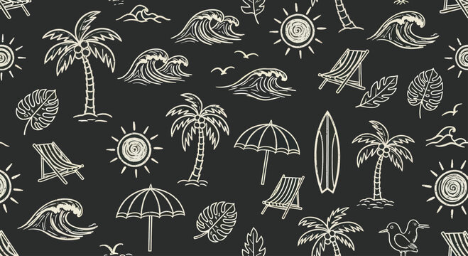 Tropical Beach Vacation Elements Seamless Pattern.