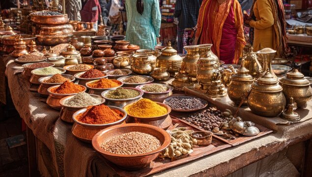 Indian Street Market with Spices and Copperware.