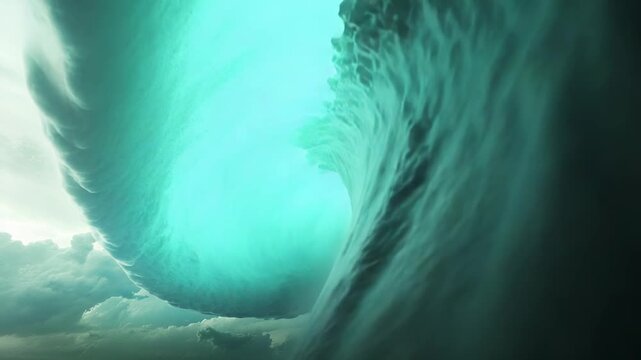 Imposing thunderheads churn in a dramatic turquoise sky, dark, glowing and menacing as swirling storm energy builds into a powerful, turbulent weather spectacle