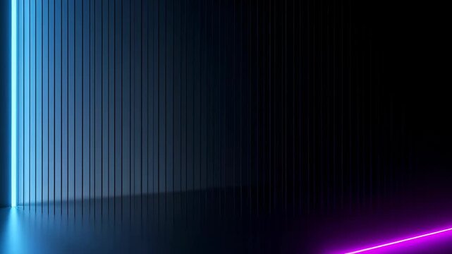 Neon blue vertical light panels and strips with purple accent glow on reflective floor creating moody futuristic vertical panel corridor with sleek geometric composition and modern minimalism