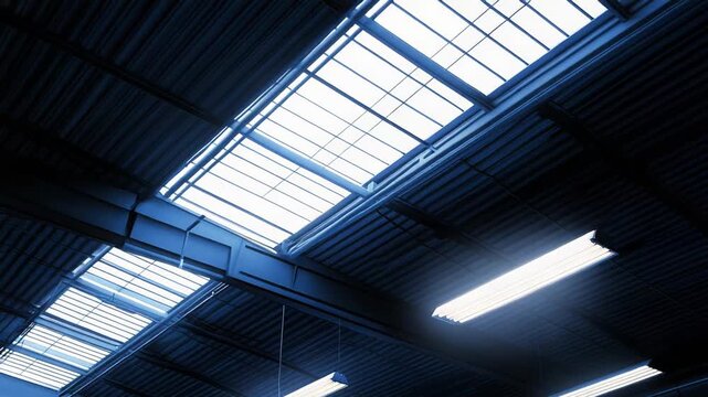 Industrial building roof structure featuring multiple skylights and rows of fluorescent lights providing illumination for a spacious indoor environment