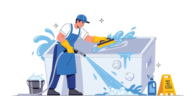 Hygiene Master: A dedicated cleaner diligently sanitizes a large surface using high-pressure water and a scrub brush, ensuring cleanliness and hygiene in every detail.