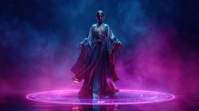 Mystical woman in shimmering kimono standing in neon magic circle with blue and magenta fog