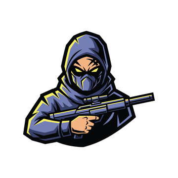 Cartoon masked man holding rifle gun.