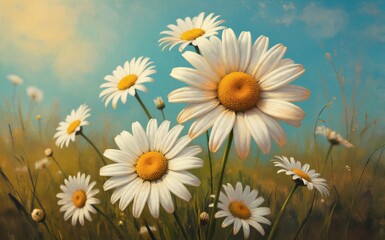 Fototapeta premium Whimsical daisies bloom in sunlit meadow under soft blue sky.