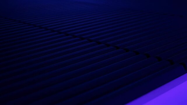 Deep blue corrugated surface with subtle purple edge lighting conveying calm modern minimalism + deep blue corrugated metal sheet pattern with dramatic lighting and diagonal perspective creating