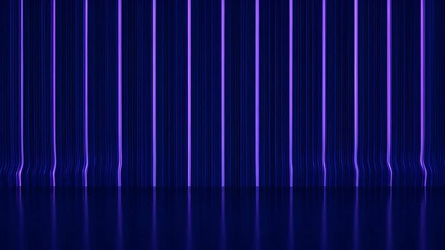 Neon vertical light stripe reflection purple blue glossy floor futuristic minimalist backdrop abstract geometric pattern illuminated stage studio interior with glowing vertical lines and moody
