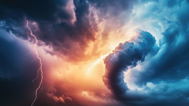 supercell. Stormy sky with tornado-shaped clouds and lightning strikes. travel magazines, destination branding, designed for outdoor magazines and nature guides and travel destination branding.