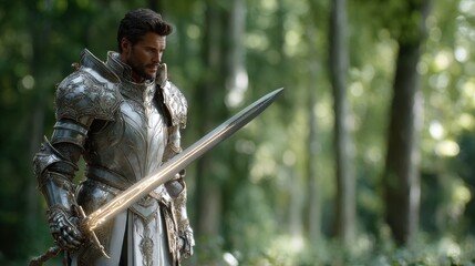 Fototapeta premium Armored medieval knight holding glowing sword in sunlit forest with shallow depth of field