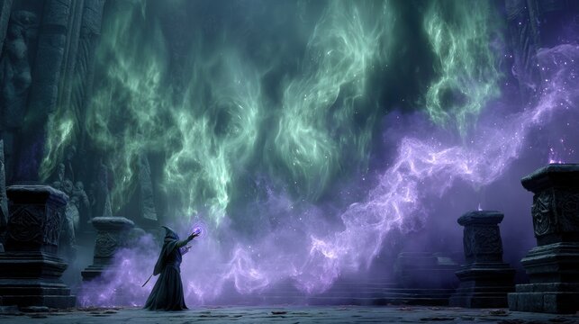 Hooded sorcerer casting purple and green magic mist inside ancient stone temple ruins
