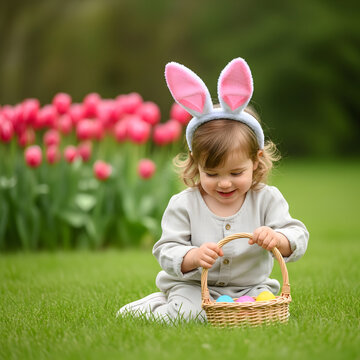 Toddler with Bunny Ears and Easter Basket