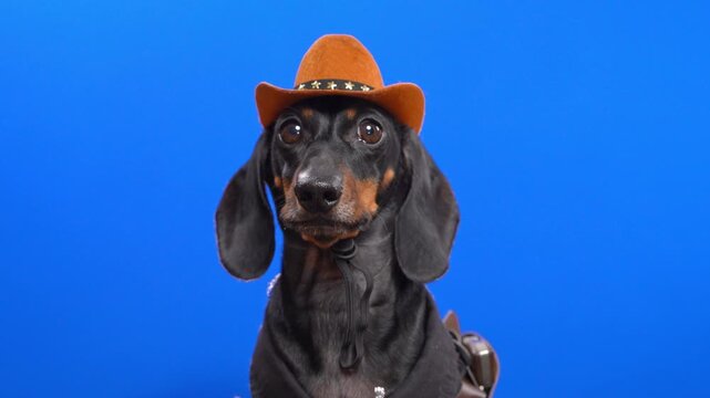dachshund dog dressed as cowboy with brown hat and bow tie  against blue background with alert expressive gaze, western animal character, humorous pet portrait, studio look, creative costume concept.