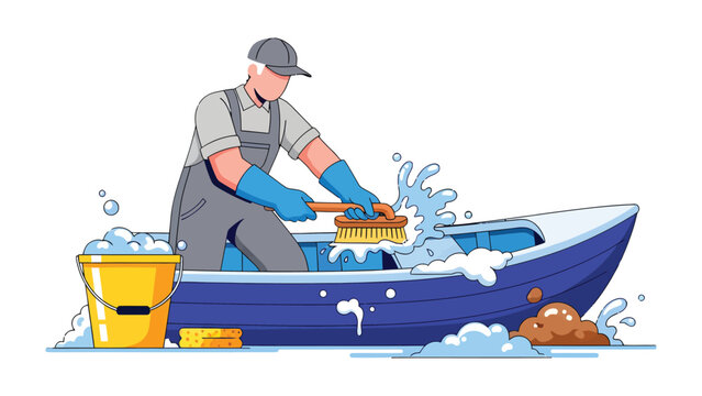 Marine Maintenance: A worker meticulously cleans a boat, scrubbing away dirt and grime with a brush, symbolizing dedication to upkeep and the joy of boating.