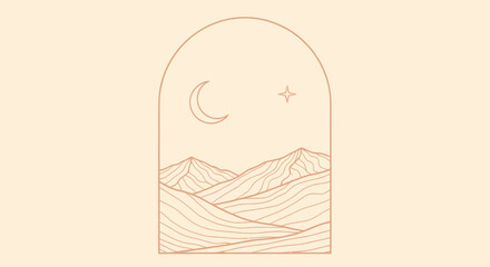 Minimalist Line Art Landscape with Mountains Moon and Star in Arch Frame. © Faiz