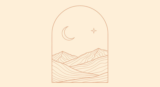 Minimalist Line Art Landscape with Mountains Moon and Star in Arch Frame.