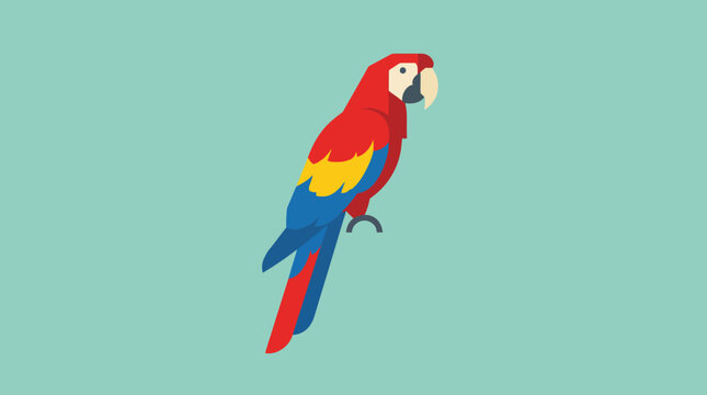Vibrant flat illustration of a red, yellow, and blue macaw parrot perched against a simple teal background.