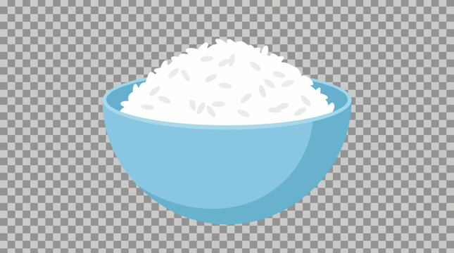A light blue bowl filled with fluffy white cooked rice, presented against a transparent background, ready to be served as a staple food.