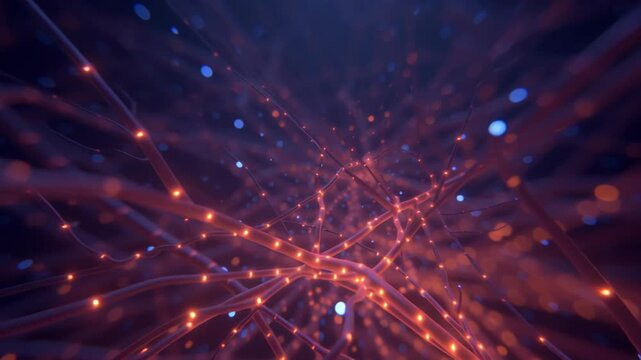 Network signal brain nerve cell neurology science biology glowing neural fiber web of illuminated synapse pathways and glowing neural network of orange lights and blue particles suggesting signal