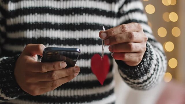Person holding a smartphone and a small red paper heart decoration