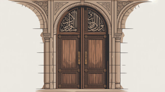 Ornate brown wooden double doors with arabic calligraphy and decorative stone archway