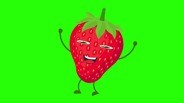 A cute, happy, and smiling animated strawberry character with arms and legs, isolated 4k stock animation video on a green screen background for chroma key background for video editing.