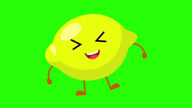 A joyful cartoon lemon character 4k stock animation video on a green screen background for chroma key background for video editing.