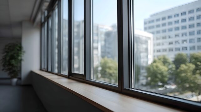 Modern office interior with a large window showcasing an urban cityscape with green trees and buildings