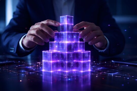 Businessman stacking glowing purple digital circuit cubes representing blockchain data