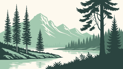 Fototapeta premium Mountain Lake Pine Forest Northern Spain Nature Vector