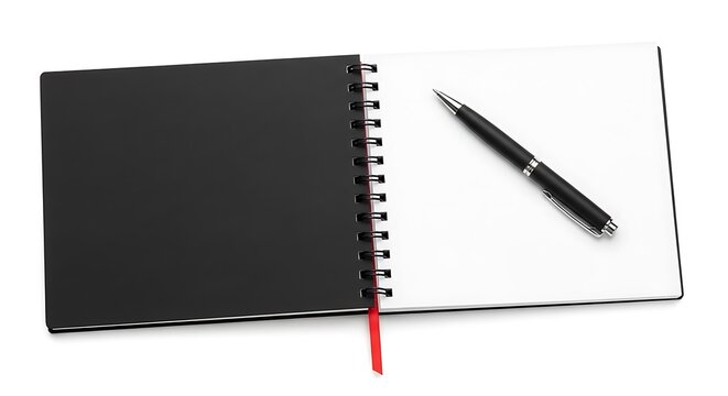 Open black spiral notebook with red bookmark and black pen on white background.