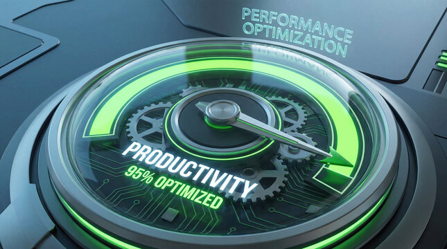 Productivity meter gauge indicator low medium max concept. A futuristic gauge displaying productivity and optimization metrics.