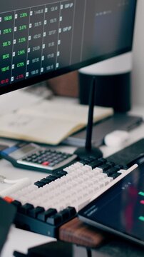 Stock market chart tablet screen closeup financial data visualization colorful bars lines trend growth decline digital interface investment analytics business monitoring fintech dashboard