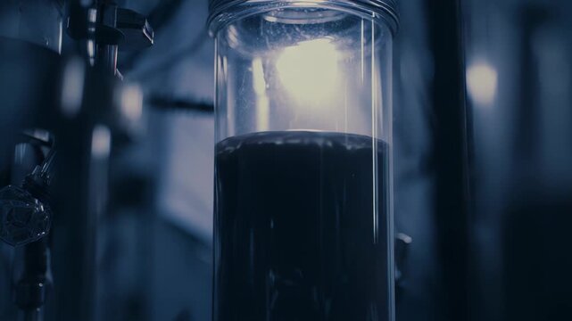 Laboratory glass cylinder containing a dark liquid bubbling under bright light, symbolizing medical research, scientific experimentation, and the development of new treatments in a clinical setting