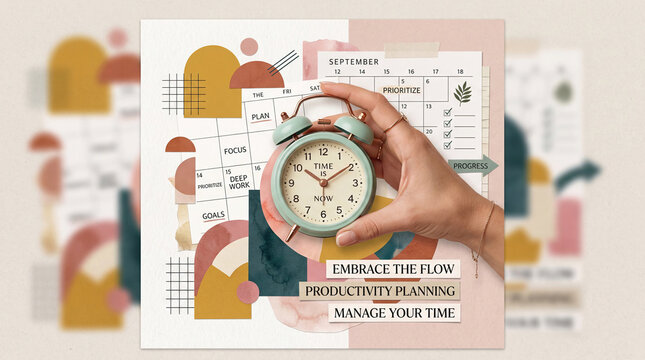 Hand holding alarm clock collage time management concept. A hand holding a clock surrounded by planning tools and visuals.