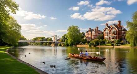 Obraz premium People rowing boat on tranquil river with bridge and buildings in sunlight