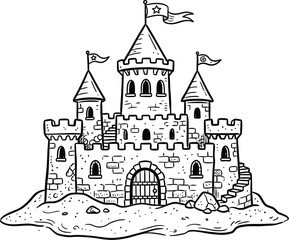 Fototapeta premium A medieval style castle with towers and a flag on top sitting on sand