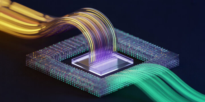 Futuristic digital data flow concept from glowing yellow fiber optic cables entering a central processing unit chip with purple light and exiting as green light streams